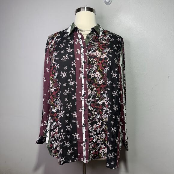 COMO Blu Tops - Como Blu Women’s 2X Button Front Floral Patchwork Blouse Long Sleeve Boho